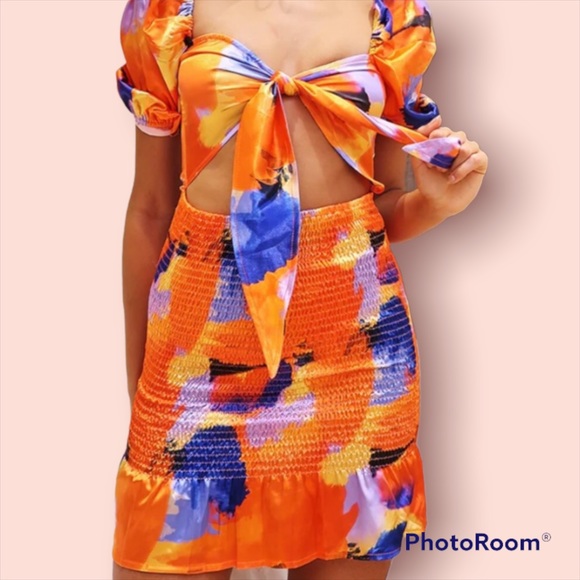 PrettyLittleThing Dresses & Skirts - PLT Multi colored satin from tie body con dress❤️